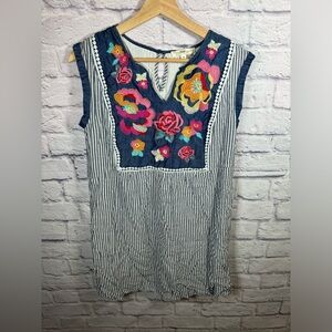 Andree By Unit Women’s Floral Embroidered‎ Shirt Dress medium Blue White Striped